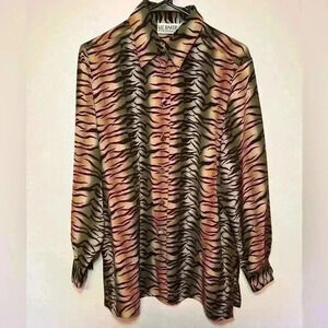 Vintage Liz Baker Essentials Brown Black Animal Print Button Down Blouse Top